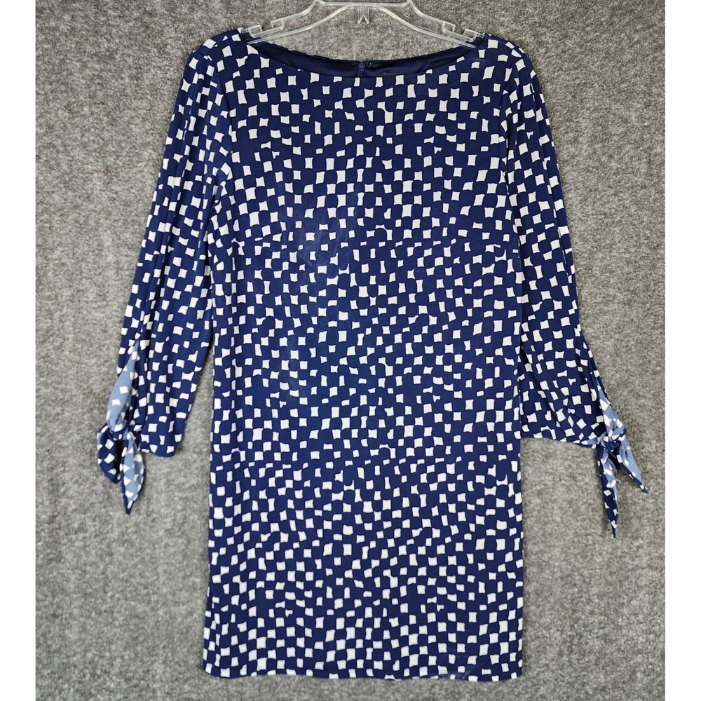 Tahari Dress Womens 8 Shift Navy Blue White Geometric Tie Cuff 3/4 Sleeve EUC